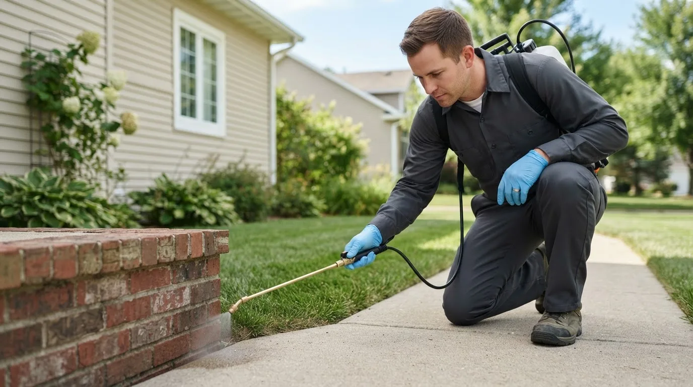 Pest control technician treating a home near Cortland, IL