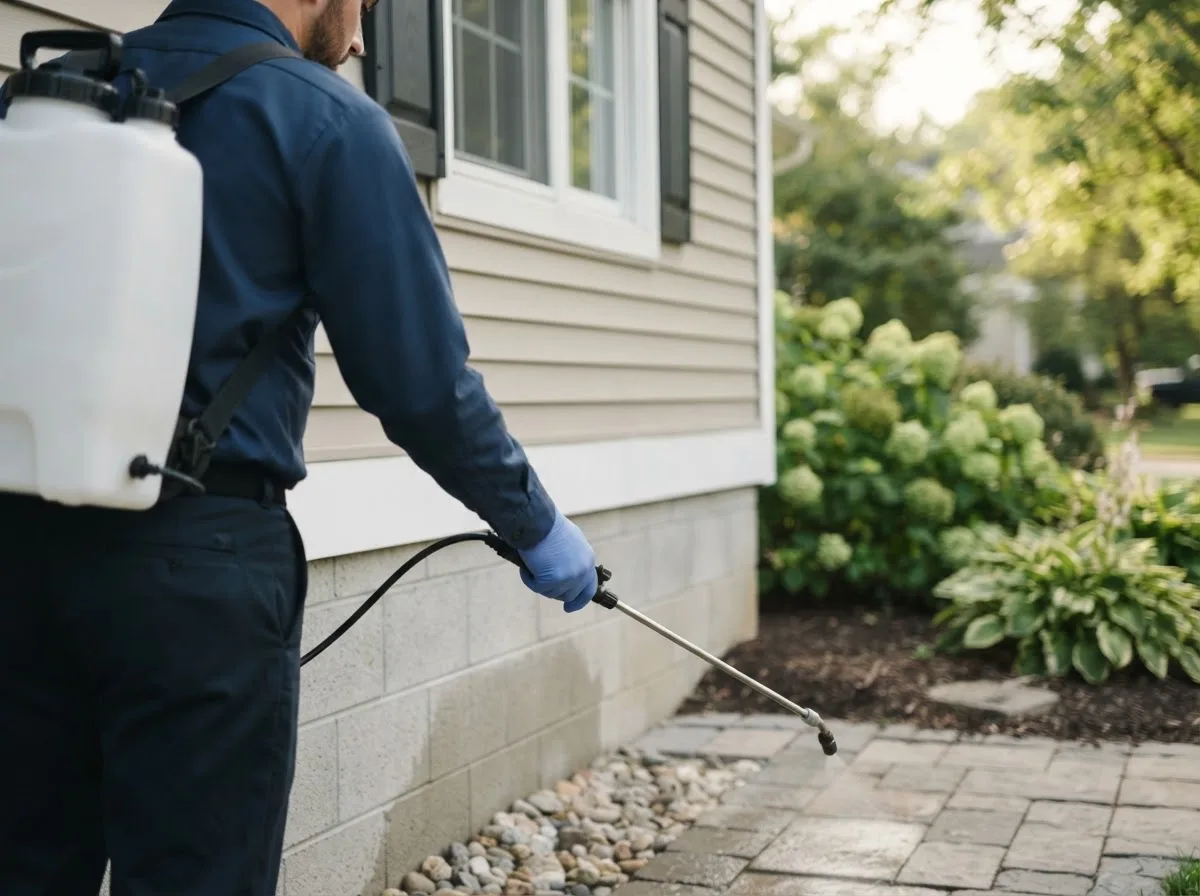 Pest control technician inspecting a home in Cortland, IL